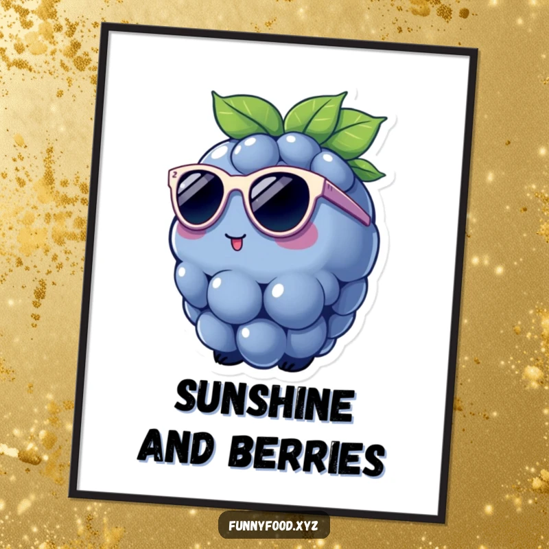 Funny Digital Art Print of a charming blueberry wearing tiny sunglasses, capturing a cool and humorous moment for stylish wall decor.