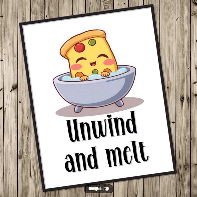 Funny pizza slice digital art print, showing a pizza slice relaxing in a bath, humorous and easily downloadable.