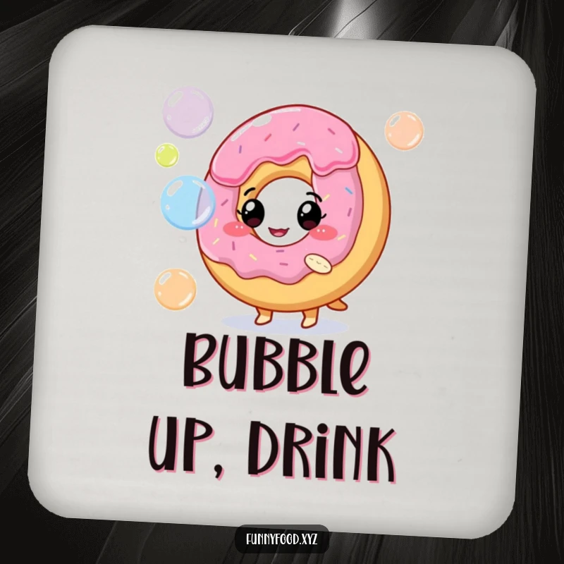 Funny drink coaster featuring a playful donut character blowing colorful, shimmering bubbles, adding charm to tables.