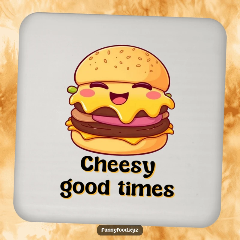 Funny cheeseburger coaster, depicting a winking cheeseburger with melting cheese, protecting surfaces with humorous charm.