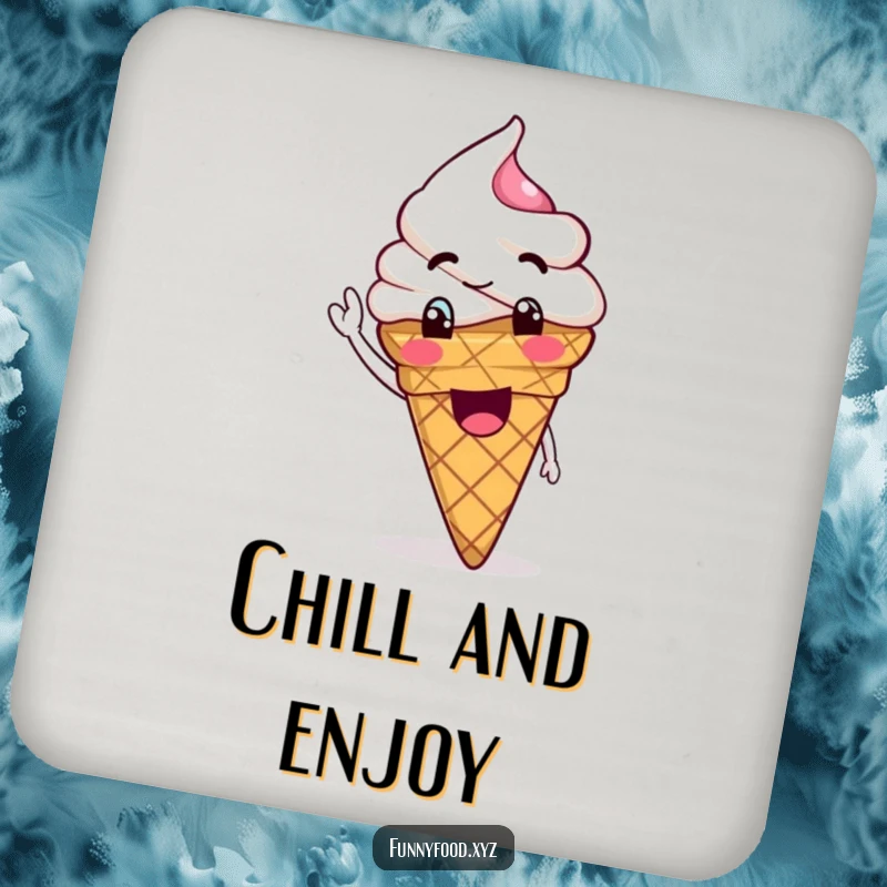 Funny Ice Cream Coaster featuring a goofy ice cream cone waving its scoop, adding sweet charm to drinks.