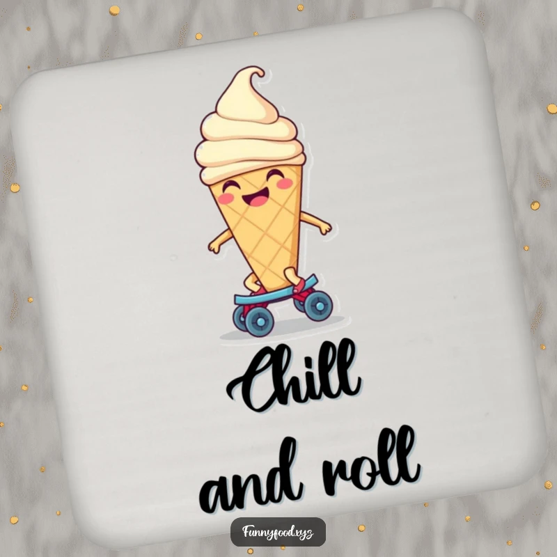 Funny ice cream cone coaster featuring a smiling character riding a tiny roller skate, adding a cool and humorous touch to your tabletop.