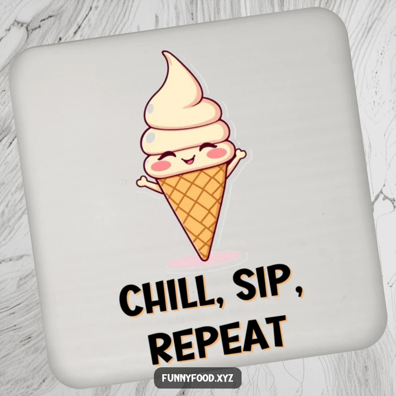 Funny winking ice cream cone doing a headstand, printed on drink coasters for humorous surface protection.