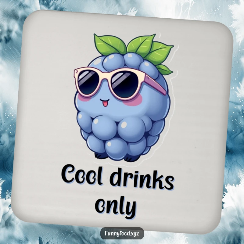 Funny Drink Coaster showing a charming blueberry wearing sunglasses, providing surface protection with a cool and humorous visual.