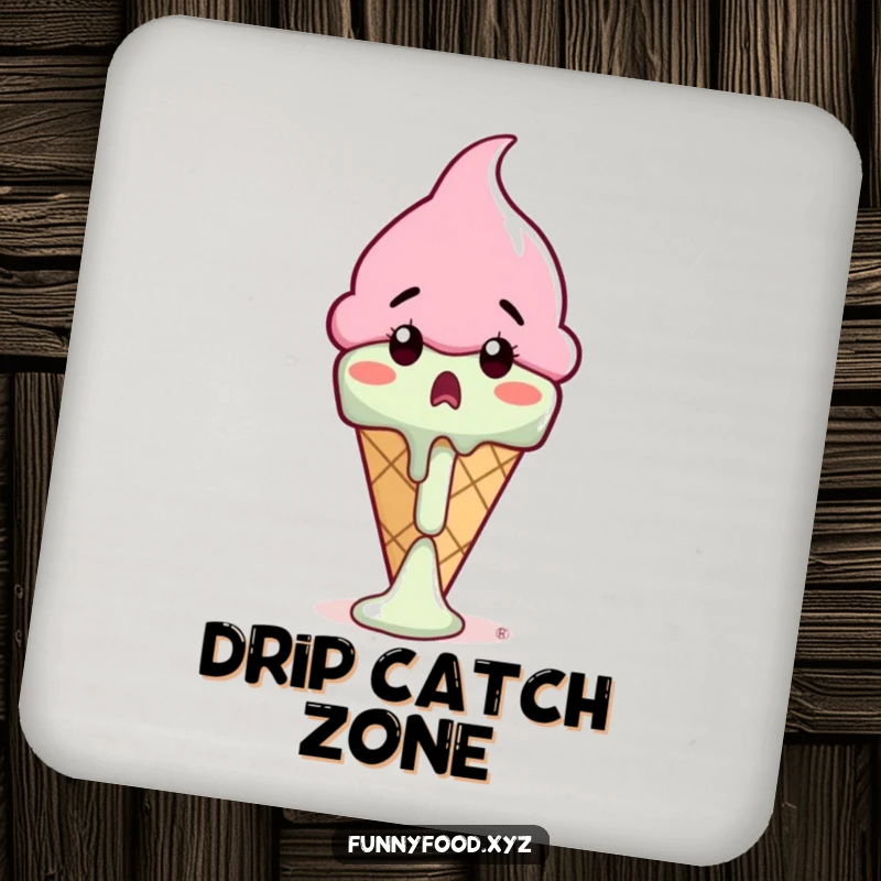 Funny ice cream cone coasters showing a surprised cone watching its drip melt, protecting furniture with summer humor.
