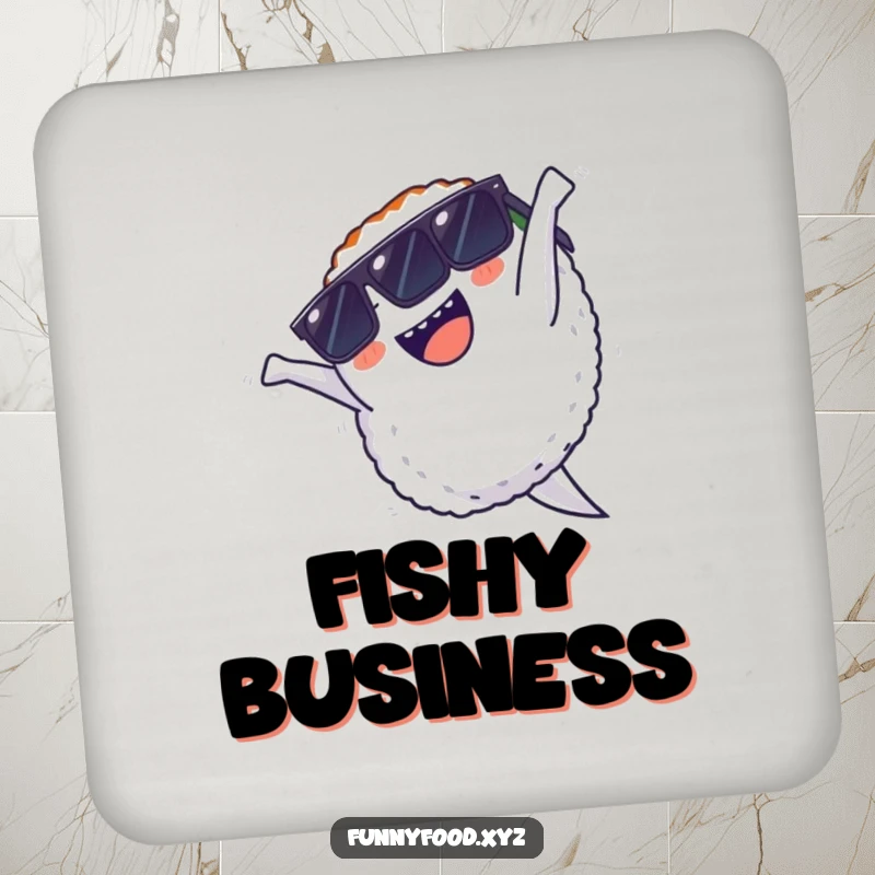 Funny coaster featuring a sushi character in sunglasses mid-backflip, adding a playful and energetic touch to drink service.