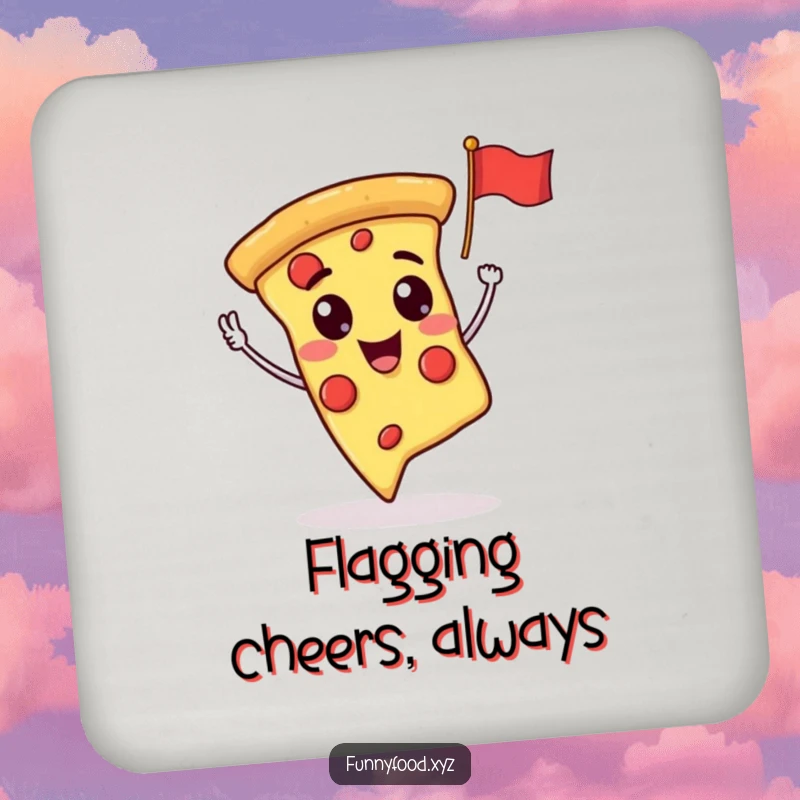 A set of coasters featuring a funny pizza slice character waving a flag, adding humor to your table.