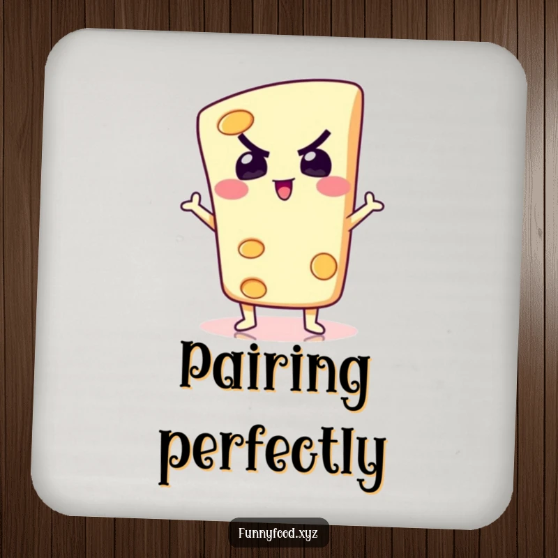 A determined slice of cheese in a silly pose, a humorous and protective coaster for your beverages.