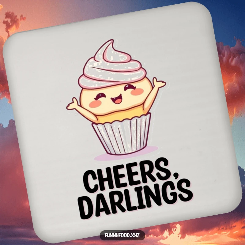 Funny cupcake coaster featuring a giggling cupcake in a playful bow, protecting surfaces with sweet humor. Ideal funny gift.