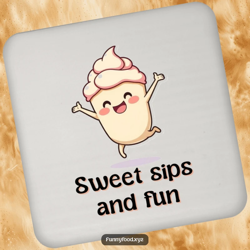 Funny coasters featuring a cheerful cupcake doing a cartwheel, protecting surfaces with humor.