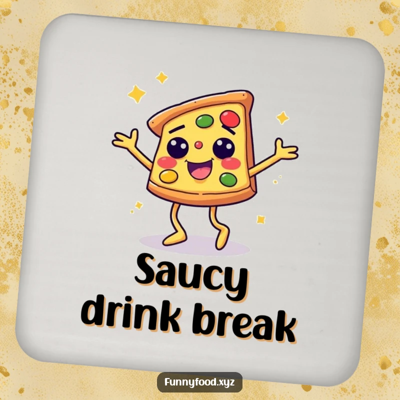 Funny drink coaster featuring a smiling pizza slice performing a disco dance, adding a humorous flair to any table.