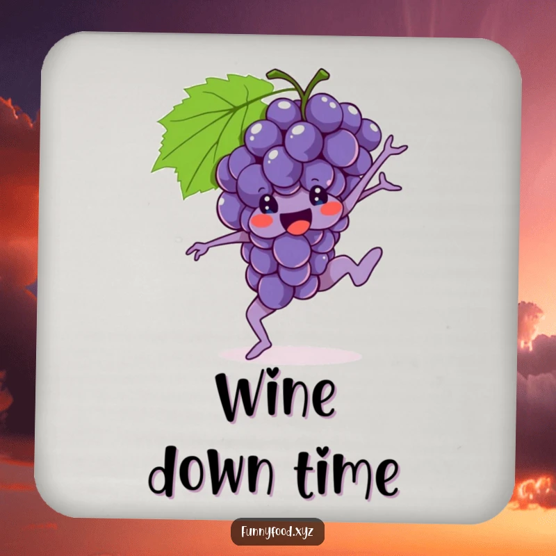 Funny Grapes Coaster featuring a brave bunch of grapes performing a gymnastic move, adding vitality to drinks.