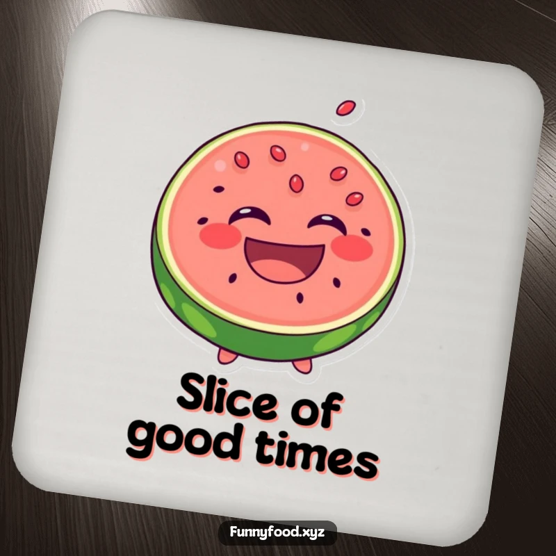 Funny Laughing Watermelon Drink Coaster: A happy slice of watermelon laughs with seeds popping out, a funny and protective coaster.