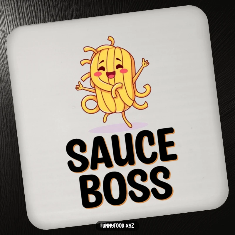 Funny pasta character performing a silly dance, printed on drink coasters to add humor and protect surfaces.