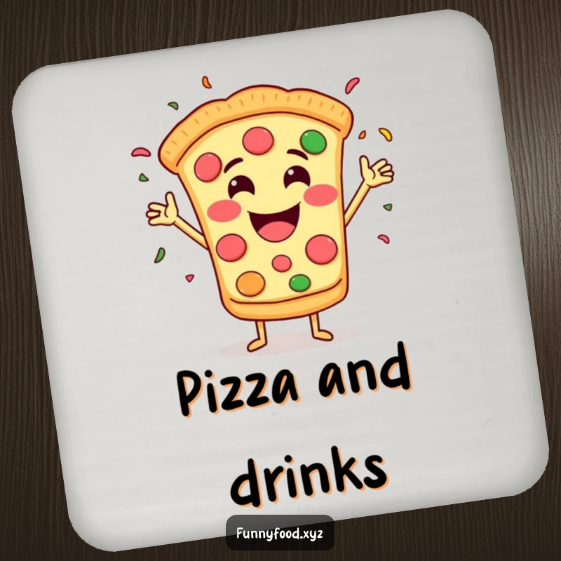 Funny drink coaster with a grinning pizza slice throwing confetti, adding a festive, food-themed touch to tabletops.