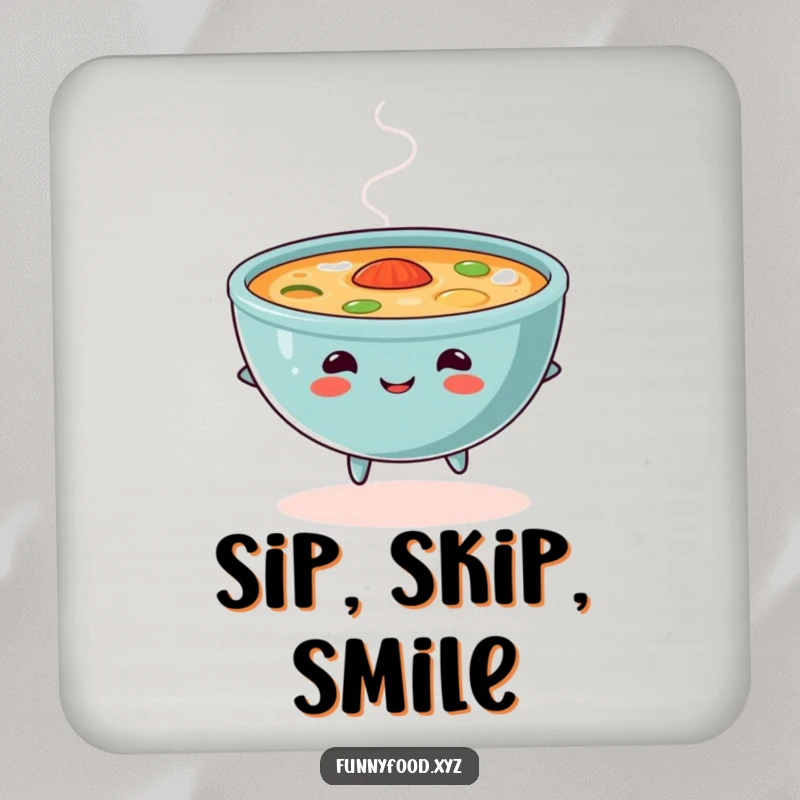Funny soup coaster, depicting a skipping bowl of soup, protecting surfaces with humorous charm.