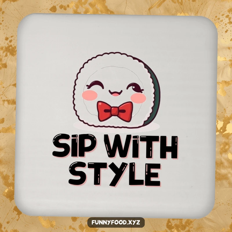 Funny drink coaster showcasing a giggling sushi roll, bringing Japanese charm and humor to any surface.