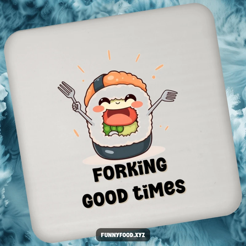 Funny Sushi Roll Coaster: A smiling sushi character performs a juggling act with forks, a funny and protective addition.