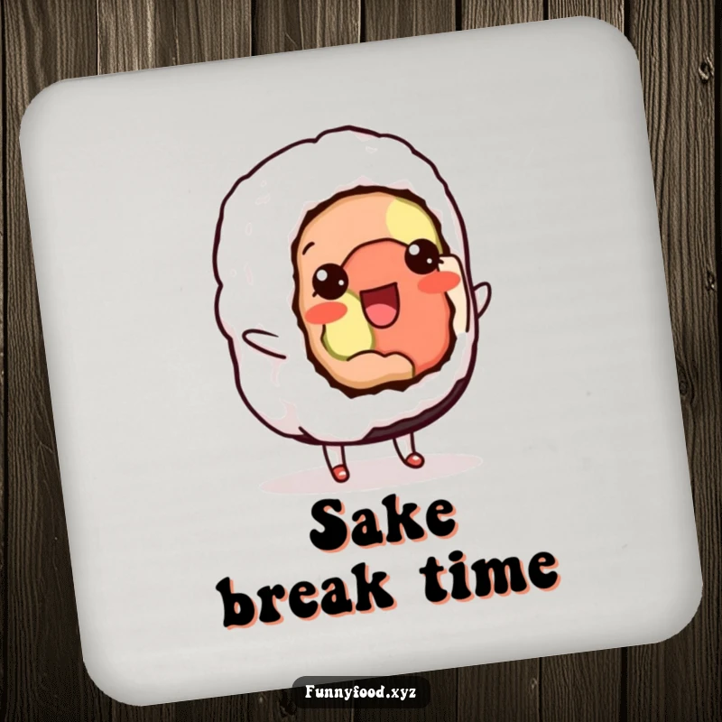 Funny drink coaster featuring a delighted sushi roll doing a cute shuffle, adding a humorous flair to any table.