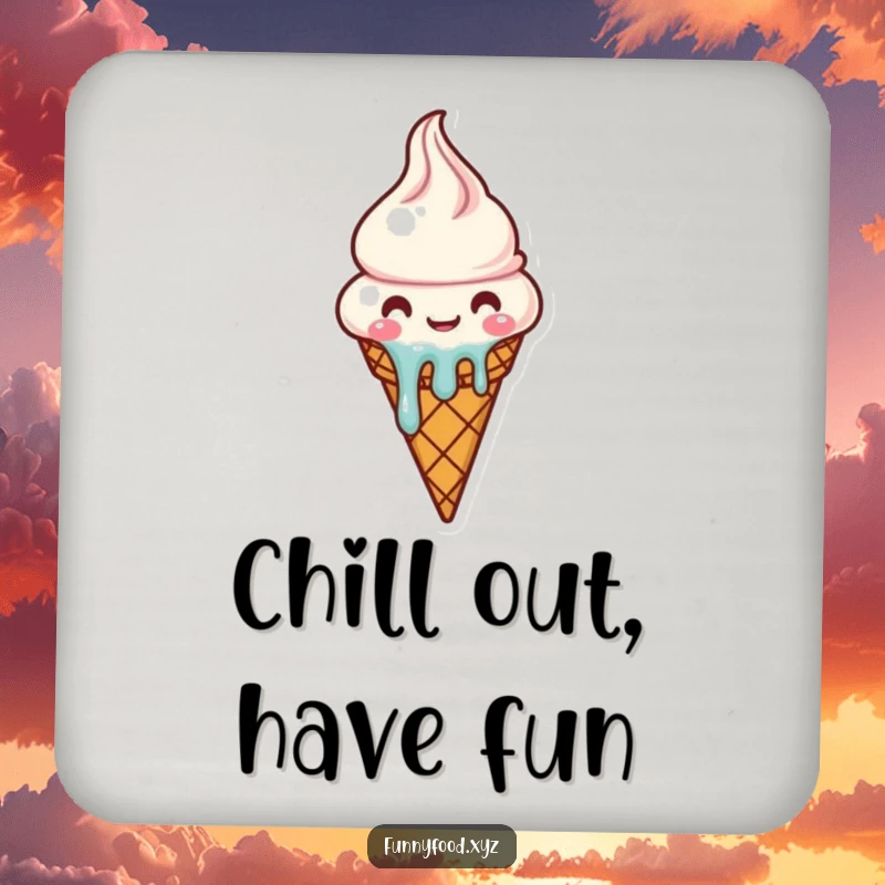 Funny melting ice cream cone coaster protecting a table, cute and practical drink accessory.