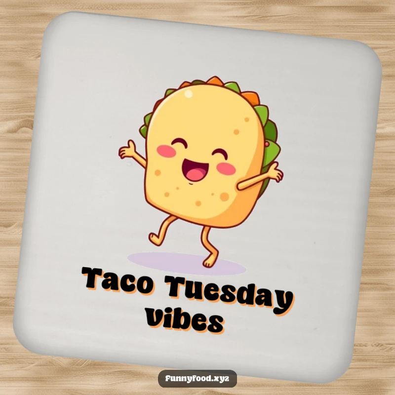 Funny taco coaster, depicting a taco dancing salsa, protecting surfaces with humorous fiesta flair.