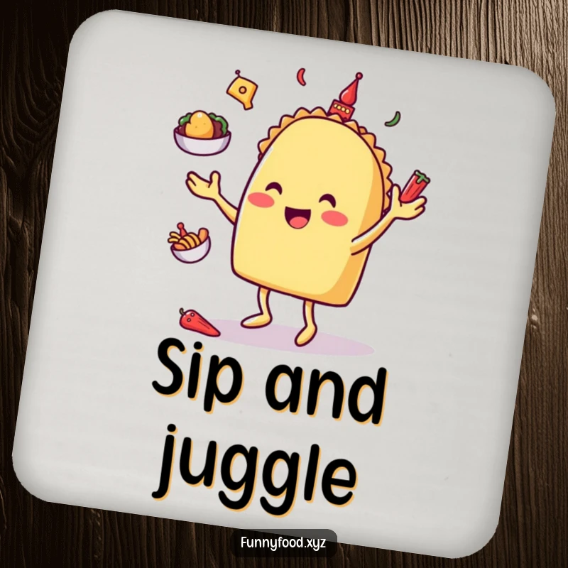 Happy taco character juggling toppings, featured on a protective and humorous drink coaster.