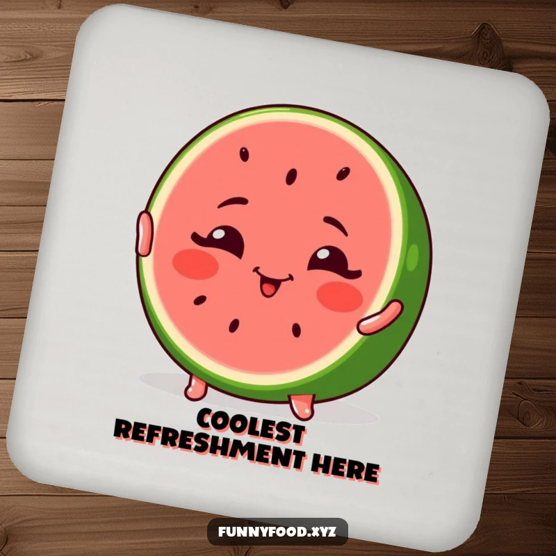 Funny Watermelon Coaster featuring a winking watermelon slice striking a pose, adding a cool vibe to drinks.