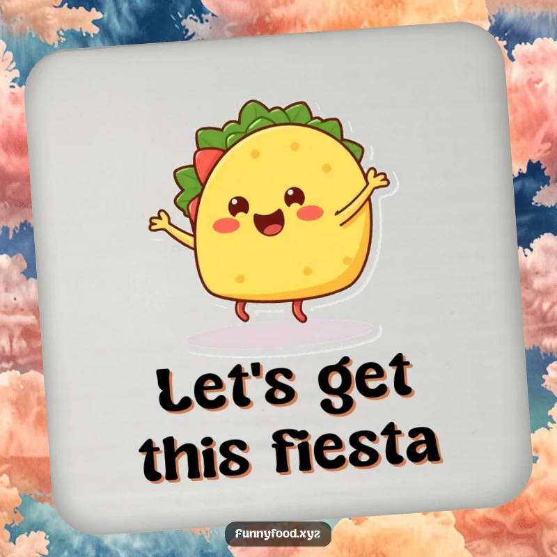 Funny coasters featuring a happy taco dancing, adding fiesta flair to tables.