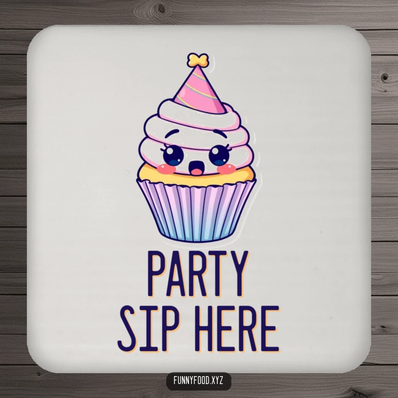 Funny drink coaster with a surprised cupcake wearing a party hat, looking comically shocked and festive.