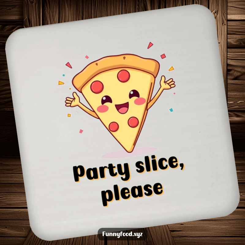 Funny coasters featuring a grinning pizza slice throwing confetti, protecting surfaces with humor.