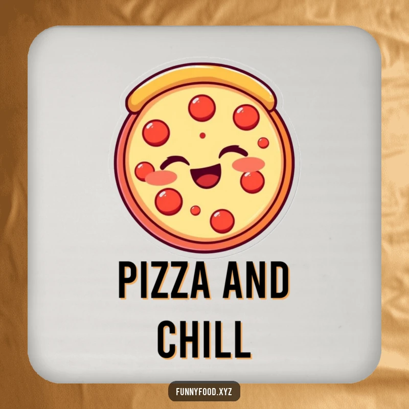 Funny pizza slice coaster featuring a beaming, winking pizza slice, protecting surfaces with cheesy humor. Ideal funny gift.