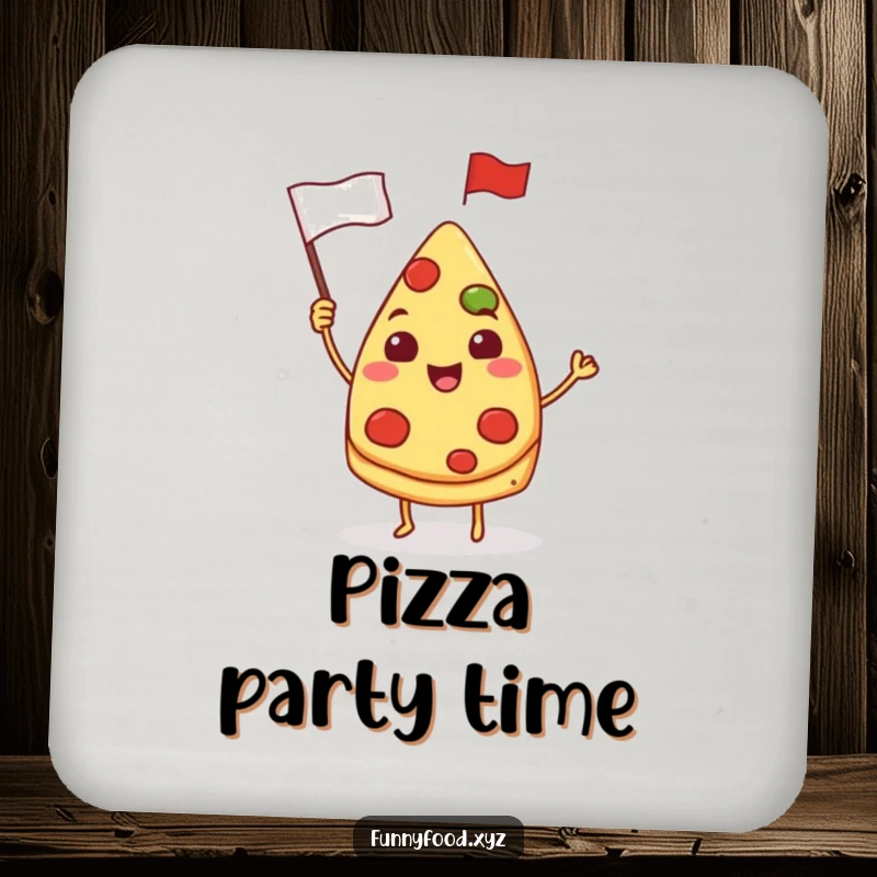 Funny pizza coaster, a smiling pizza slice waving a tiny flag, protective and decorative for tables.