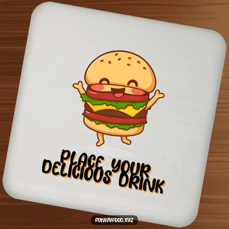 Funny Drink Coaster showcasing a jolly hamburger in a dance pose, offering protection and a humorous visual for any tabletop.