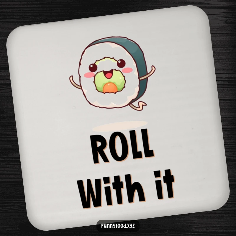 Funny sushi coaster, a happy sushi roll with legs running enthusiastically, protective and decorative for tables.