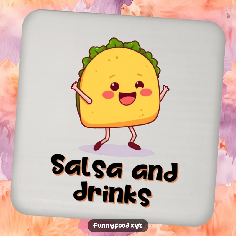 Funny drink coaster with a happy taco dancing, adding a fun, food-themed touch to tabletops.