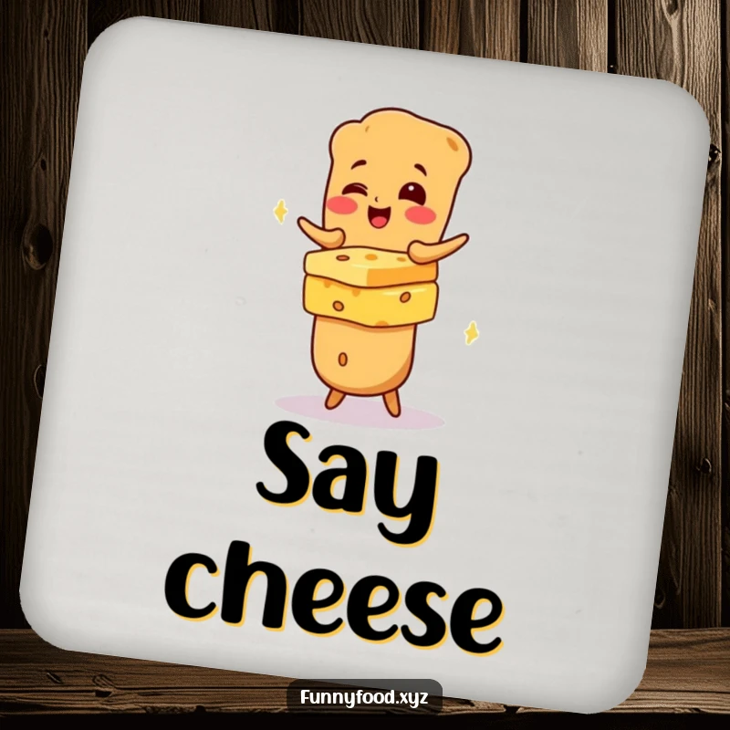 Funny giggling baguette character balancing cheese, printed on drink coasters for humorous surface protection.