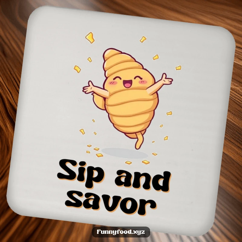 Funny drink coaster featuring a beaming anthropomorphic croissant doing cartwheels, showering buttery flakes.