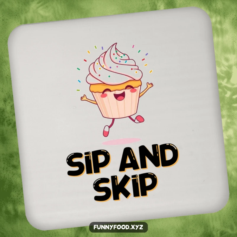 Funny cupcake coasters featuring a cheerful cupcake character skipping with colorful sprinkles flying, protecting surfaces with charm.