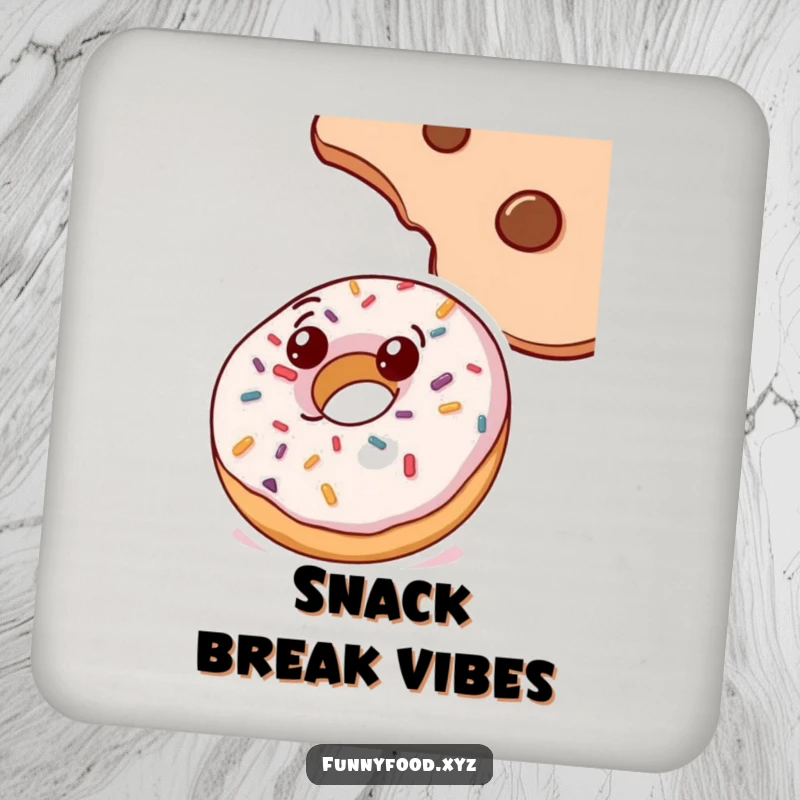 Funny doughnut coaster, with sprinkles, looking up at a cookie, a humorous and protective drink accessory.