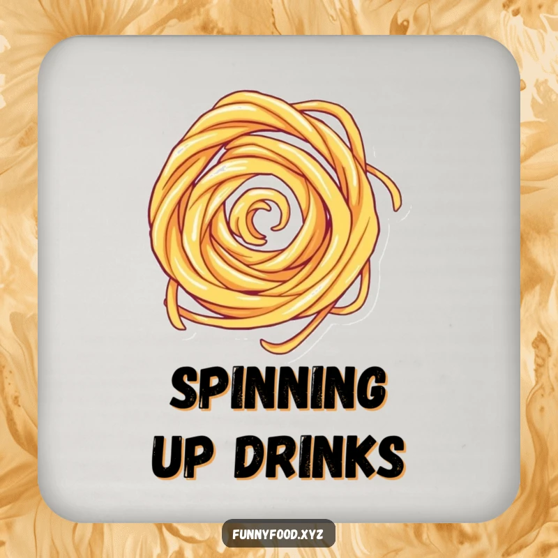 Funny drink coaster illustrating a spinning pasta swirl, protecting surfaces with a humorous and culinary flair.