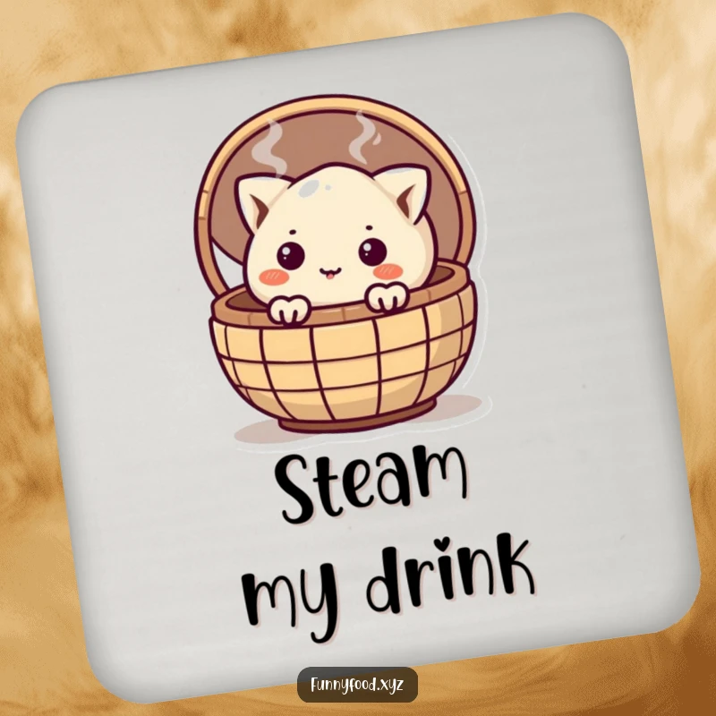 Funny curious dumpling peeking from a steaming basket, printed on drink coasters for humorous surface protection.