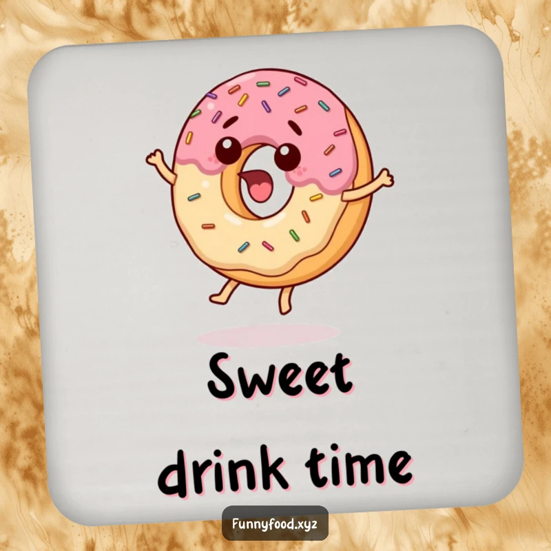 Funny drink coaster featuring a surprised donut with sprinkles jumping, adding a humorous flair to any table.