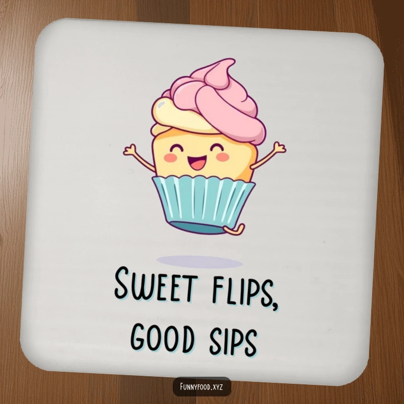 Funny Cupcake Coaster: A happy cupcake with frosting executes a cartwheel, serving as a funny and protective addition.