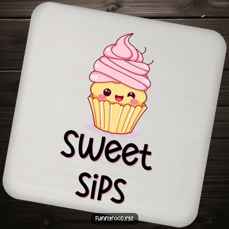 Funny coaster featuring a playful cupcake with swirly frosting hair excitedly spinning, adding a fun and whimsical touch to drink service.