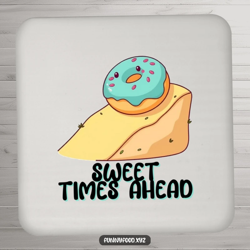 Funny drink coaster showcasing a gleeful donut rolling, bringing a sweet and humorous touch to any surface.
