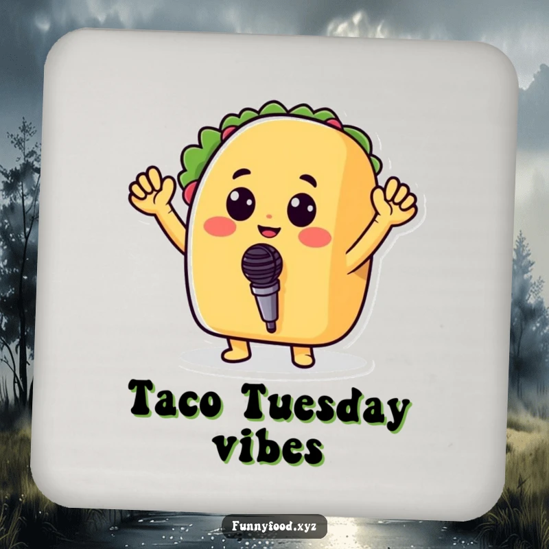 Funny drink coaster featuring a cheerful taco holding a tiny microphone, ready to sing a humorous tune.