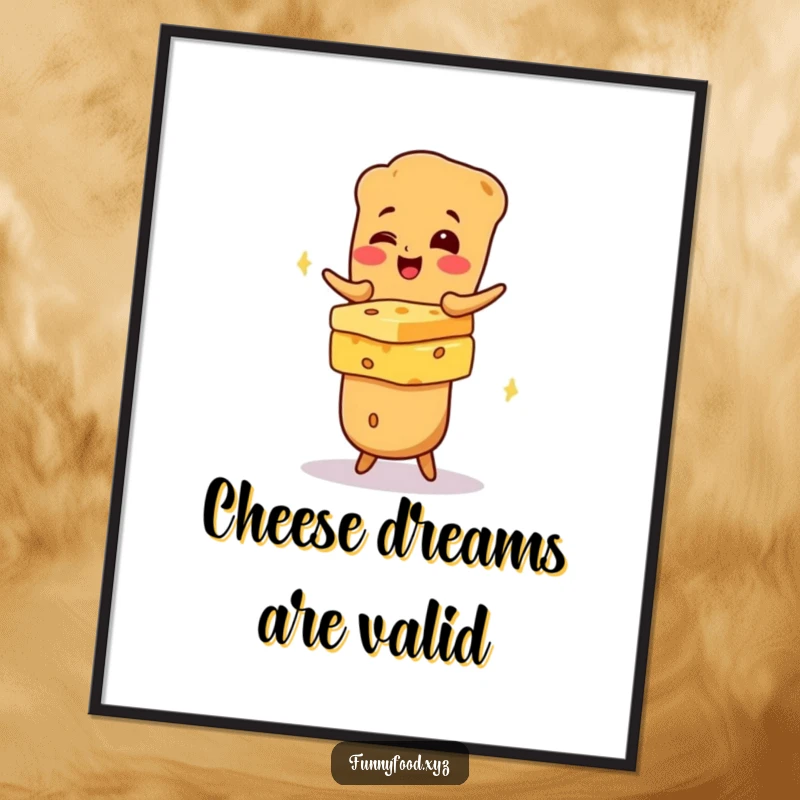 Funny giggling baguette balancing cheese, depicted in a humorous poster perfect for adding personality to kitchen decor.