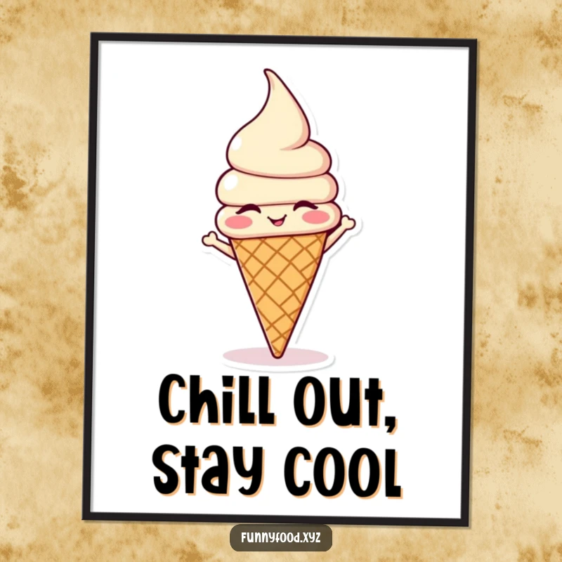 Funny winking ice cream cone doing a headstand, depicted in a humorous poster perfect for adding playful personality.