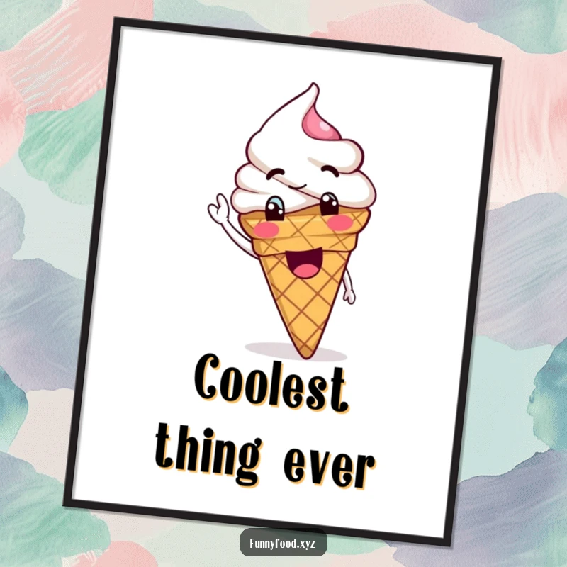 Funny Ice Cream Poster showing a goofy ice cream cone waving its scoop, bringing joy and sweetness.