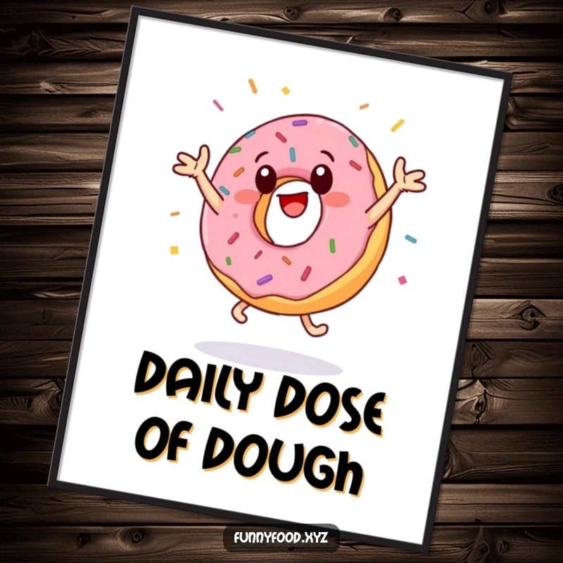 Funny donut jumping jacks poster showcasing a lively anthropomorphic donut in mid-air, with a vibrant scatter of sprinkles creating a humorous visual.